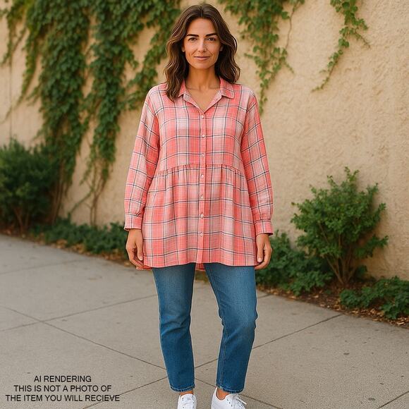 Like Love Top Cottage Oversize Peplum Y2K Grunge Academia Preppy Button Plaid XL - Picture 10 of 10